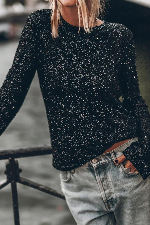 

2024 European and American autumn and winter new party sequined long-sleeved round neck shirt INS fashion casual loose slit top