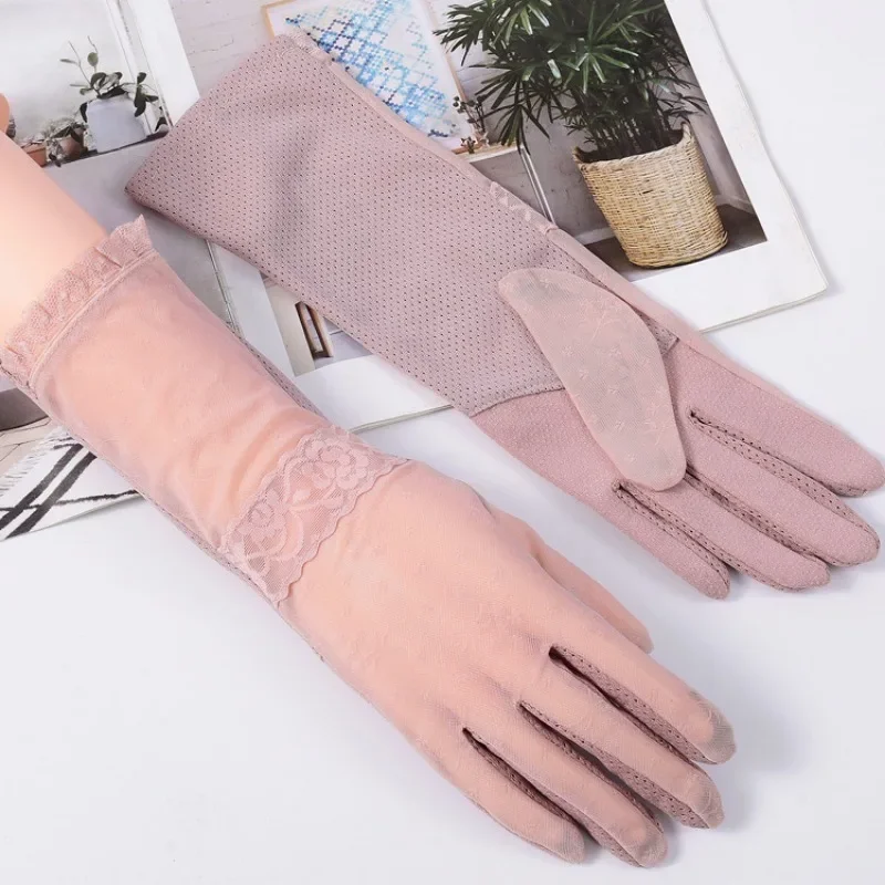 Солнцезащитные перчатки, противоскользящие кружевные перчатки из ледяного шелка, женские тонкие дизайнерские летние длинные перчатки с УФ-сенсорным экраном для вождения, версия средней длины