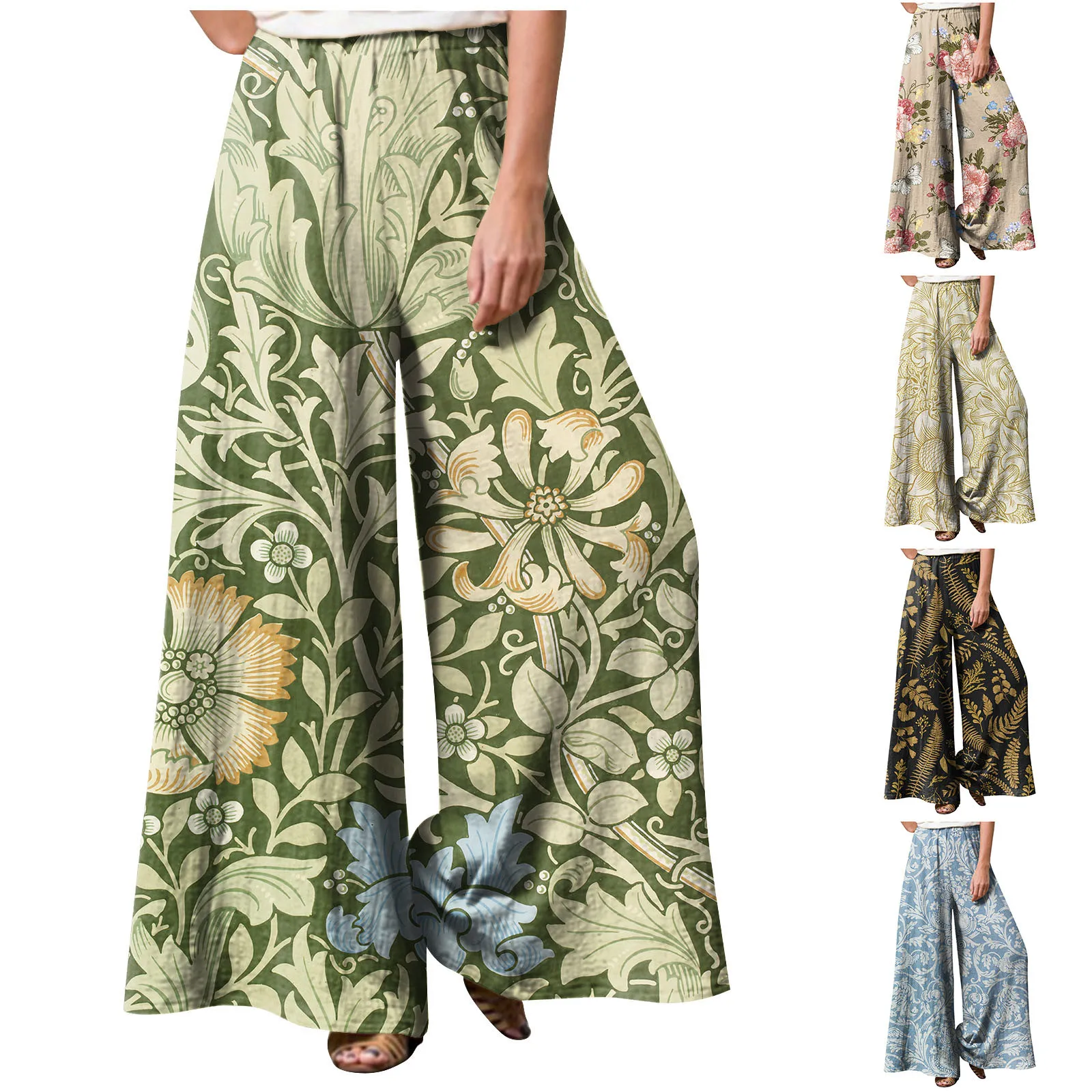 Sweet Paisley Printed Boho Trousers Casual Womens Loose Pants Aesthetic Pants High Waist Lace Up Wide Leg Casual Long Trousers