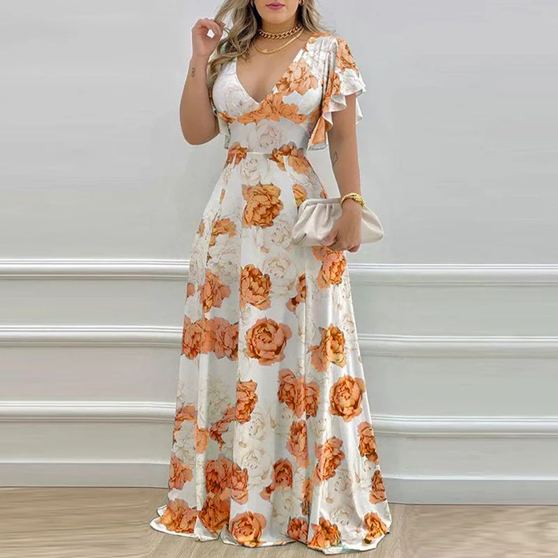 2023 New European and American Fashion Floral Commuting Casual and Comfortable V-neck Petal Sleeve Waist Printed Swing Dress