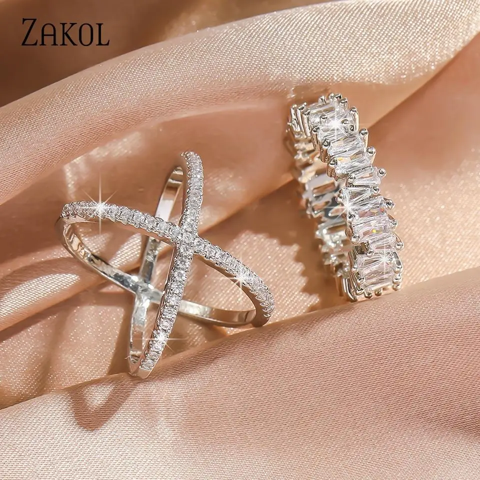 ZAKOL Personalized Irregular Hollow Micro-inlaid Zircon Ring Two-piece Set For Women Simple Fashion Daily Versatile Gift Jewelry
