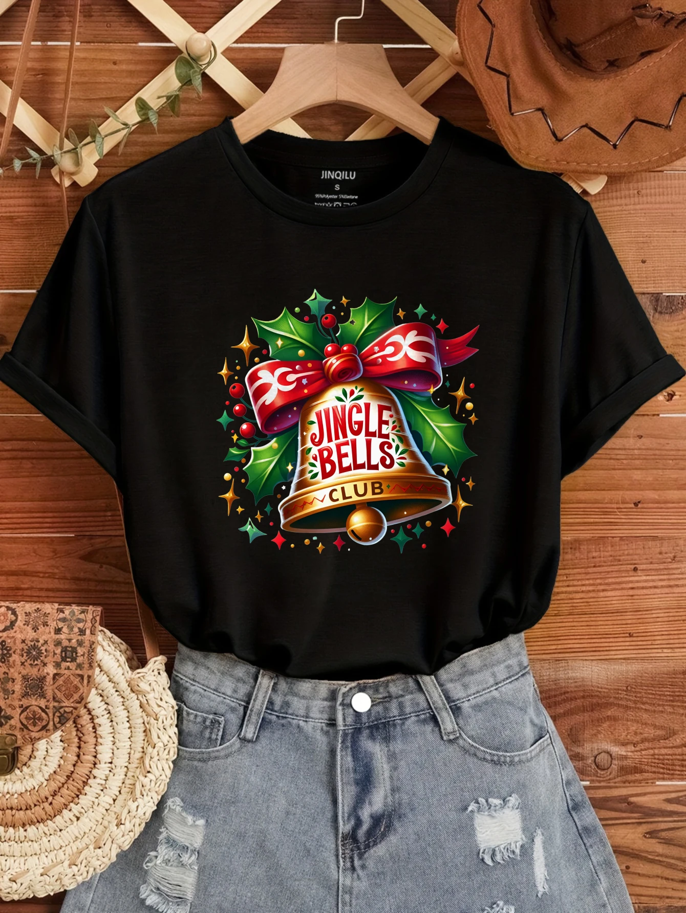 

2025 Christmas bell graffiti print tops Ladies Casual T-shirt Junior O-Neck Spring Summer Fashion Tee Aesthetic clothing clothes