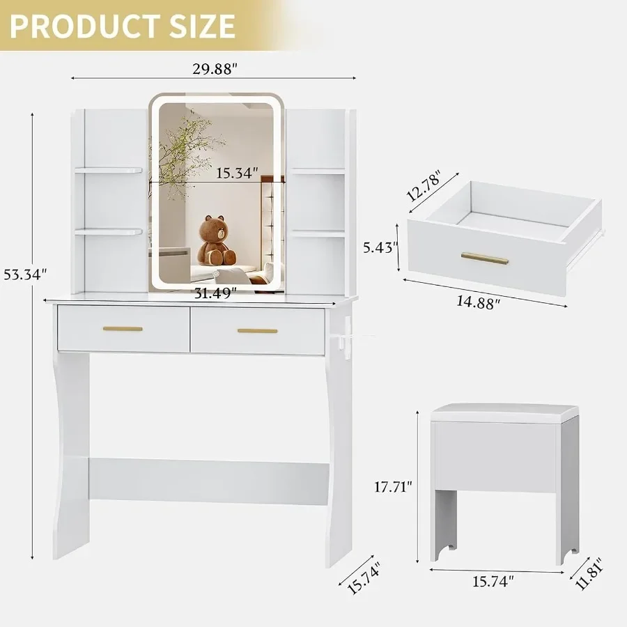Vanity Desk with LED Lights Mirror and Power Outlet, Small Makeup Vanity Table Set with Storage Drawers and Chair, 3 Lighting M