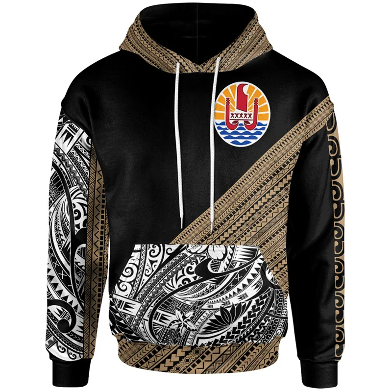 French Polynesia Tahiti Map Flag 3D Print Hoodies Tahiti Ethnic Tattoo Styles Graphic Hooded Sweatshirts Vintage Mens Pullovers