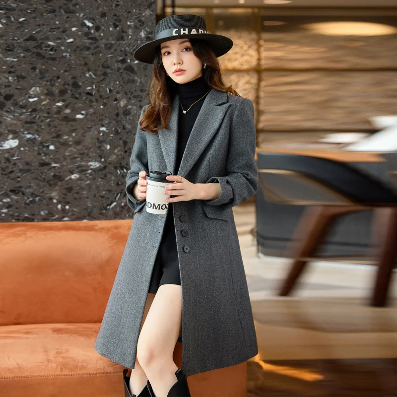 Casaco de lã feminino2025 outono inverno engrossado elegante estilo deusa profissional formal meados de comprimento trench casaco de lã