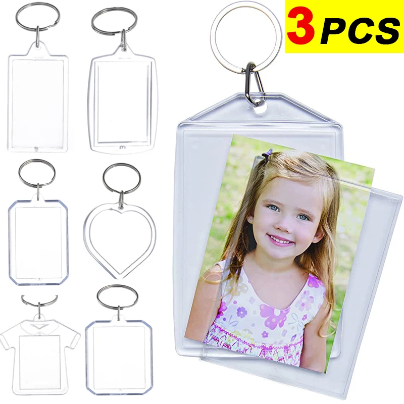 3pcs Blank Photo Keychain Acrylic Transparent Picture Insert Frame Rectangle Heart Keyrings with Split Ring DIY Key Chain Gifts