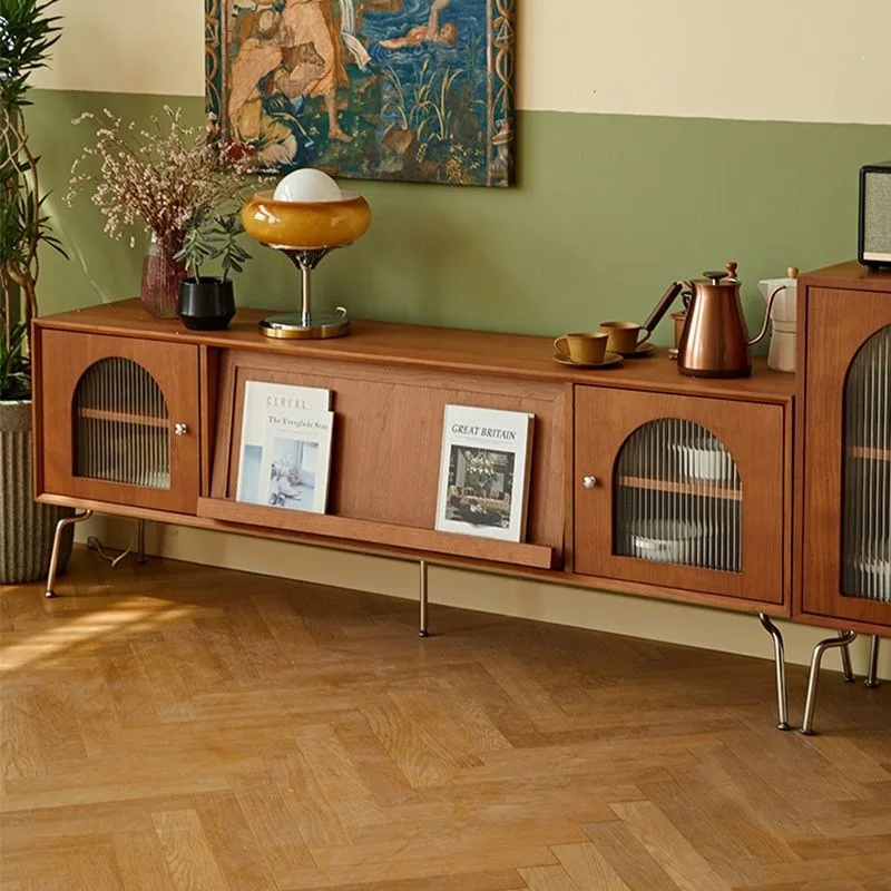 Retro solid wood TV cabinet coffee table combination small apartment TV cabinet living room household floor cabinet