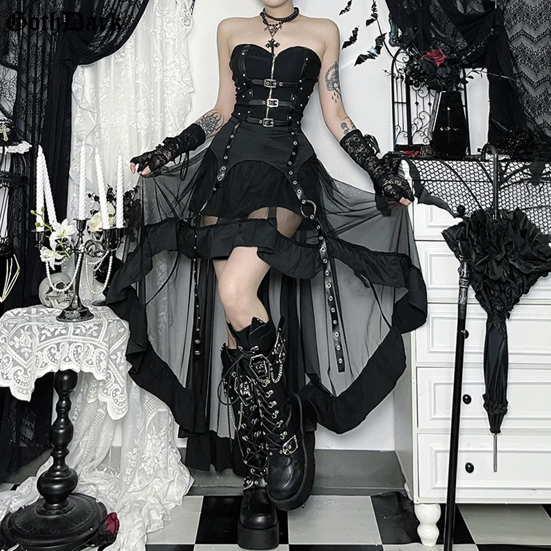 Goth Dark Grunge Punk Irregular Maxi Skirts Cyber Gothic Y2K Faux PU Mesh Patchwork Skirt Women Techwear Sheer Bottom Halloween