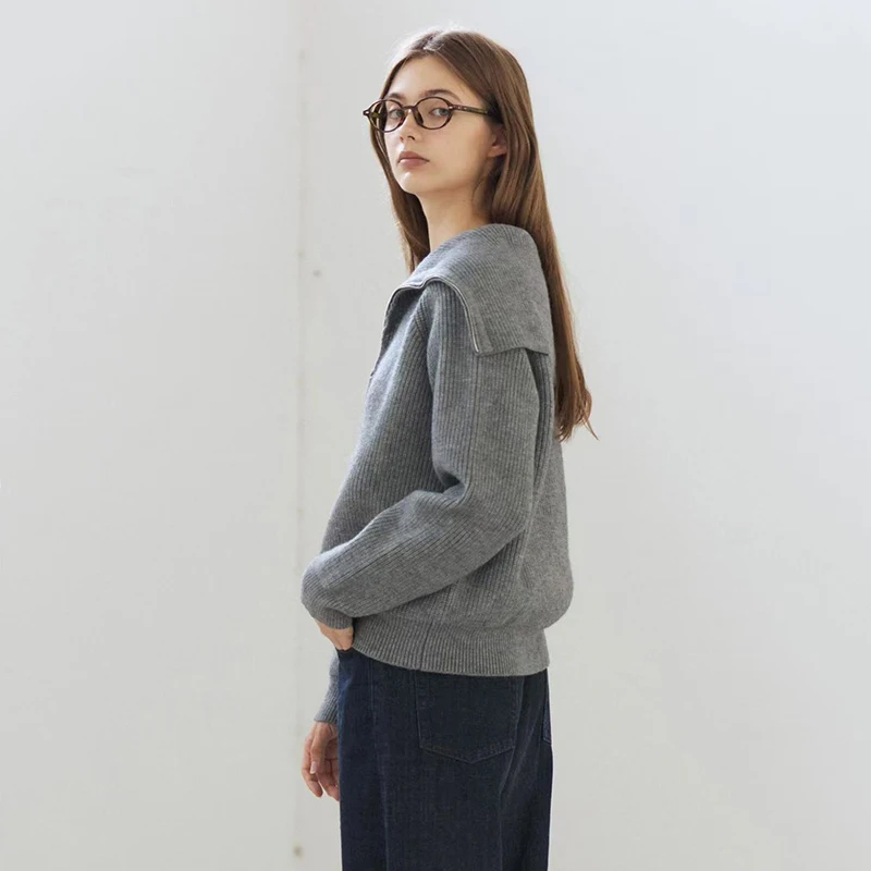 Vintage Lapel Zipper Knit Sweater for Women Autumn Thick Loose Casual Gray Pullover Female Korean Long Sleeve Simple Jumpers