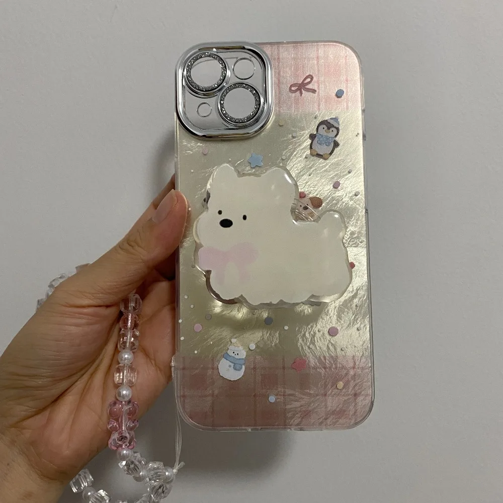 

Чехол для телефона для iPhone 17, 16, 15, 14, 13, 12, 11, 8 7 X XS XR Pro Max Plus INS, твердый чехол с милым животным принтом и держателем для щенка, ремешок