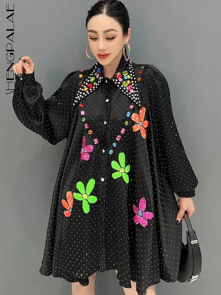 SHENGPALAE 2024 Spring Summer New Women's Shirt Mid length Large hem Loose Heavy Industry Diamond Print Fashion Elegant 5R9827