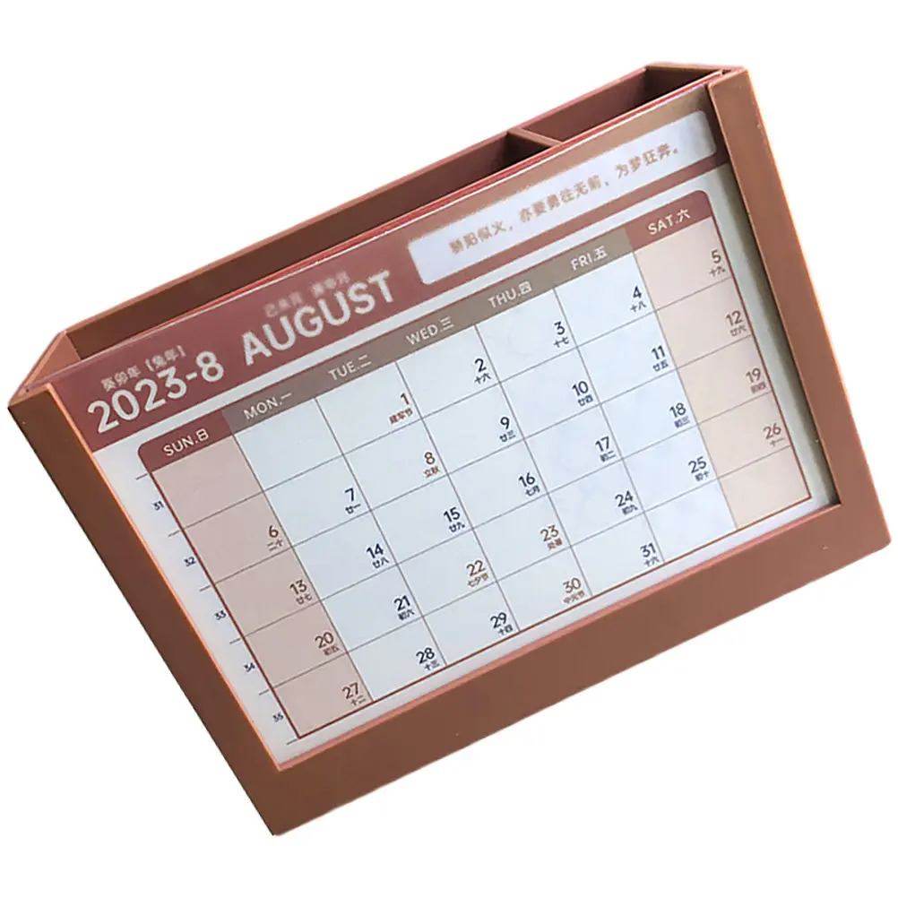 

2023 Desktop Standing Calendar Plastic Storage Box with Monthly Planner Pages Pen Holder Desk Organizer Decorative Office
