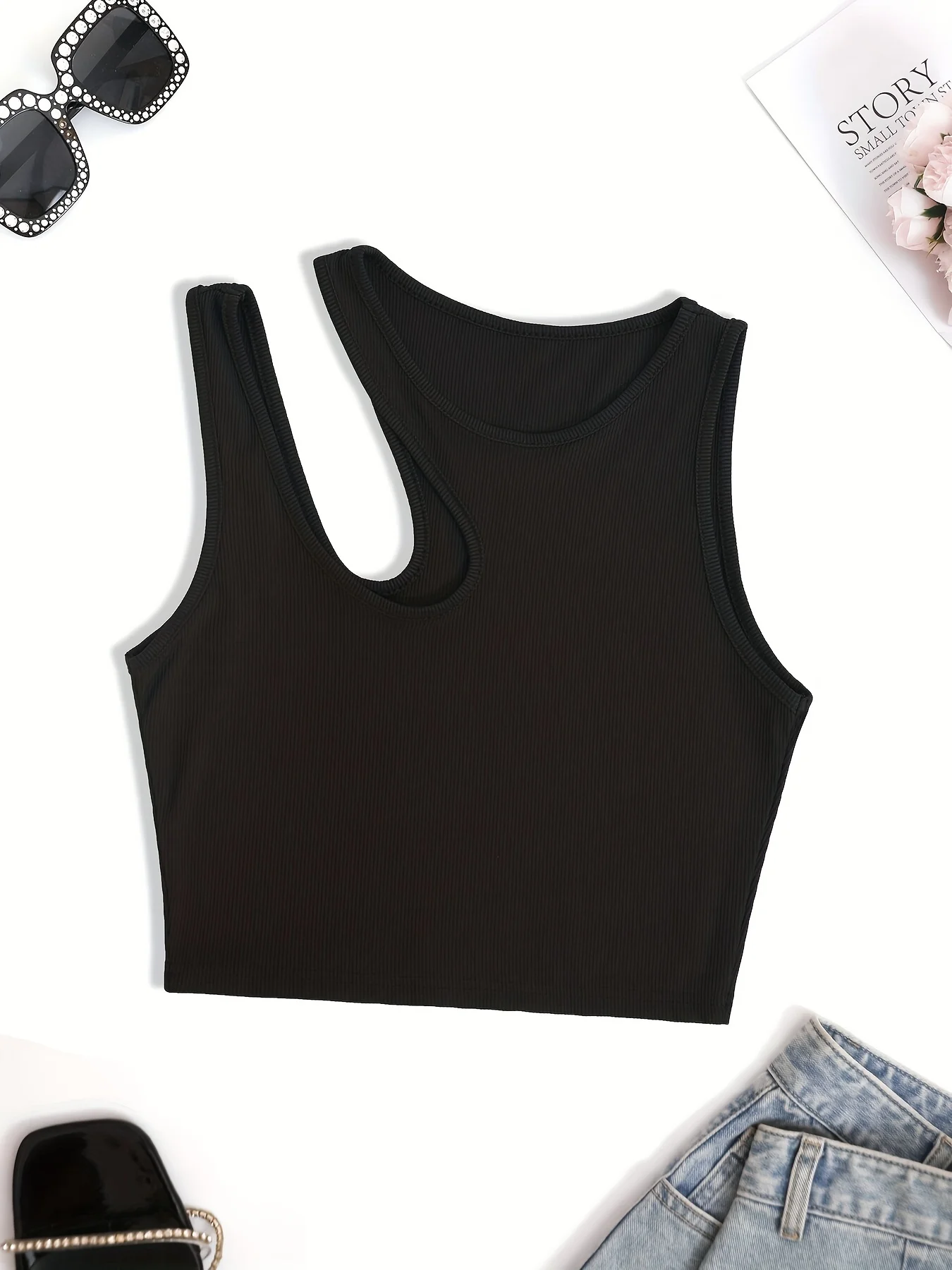 Asymmetrical Ribbed Crop Tank Top, Y2K Sleeveless Tank Top ForSummer, women's Clothing