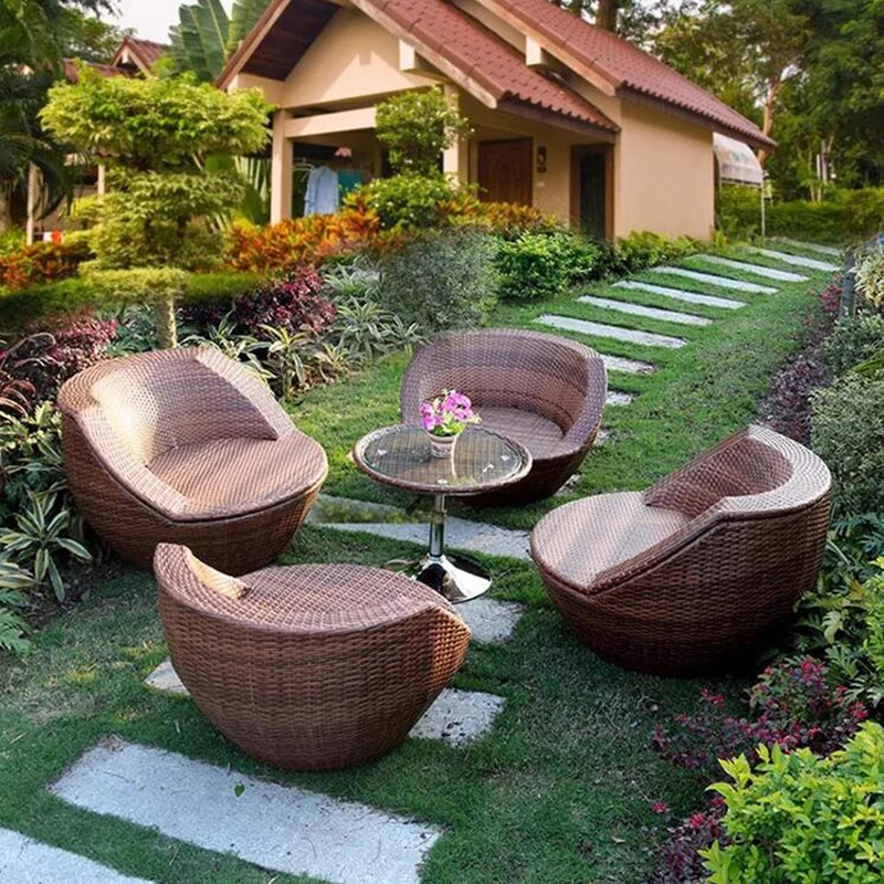 Porch PE Rattan Chairs, Patio Coffee Table Sets, Garden Wicker Lounge Chairs, 4 Seaters 1 Table Balcony Sofa, Outdoor Funiture