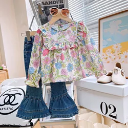 Children's Clothing Sets Flower Puffy Sleeve Doll Shirt + Denim Bell Bottoms Toddler Girl Clothes Sets Infant Designer Clothes