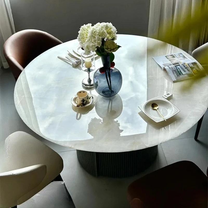 A white ice jade natural marble round dining table high-end luxury home round luxury stone dining table A grade
