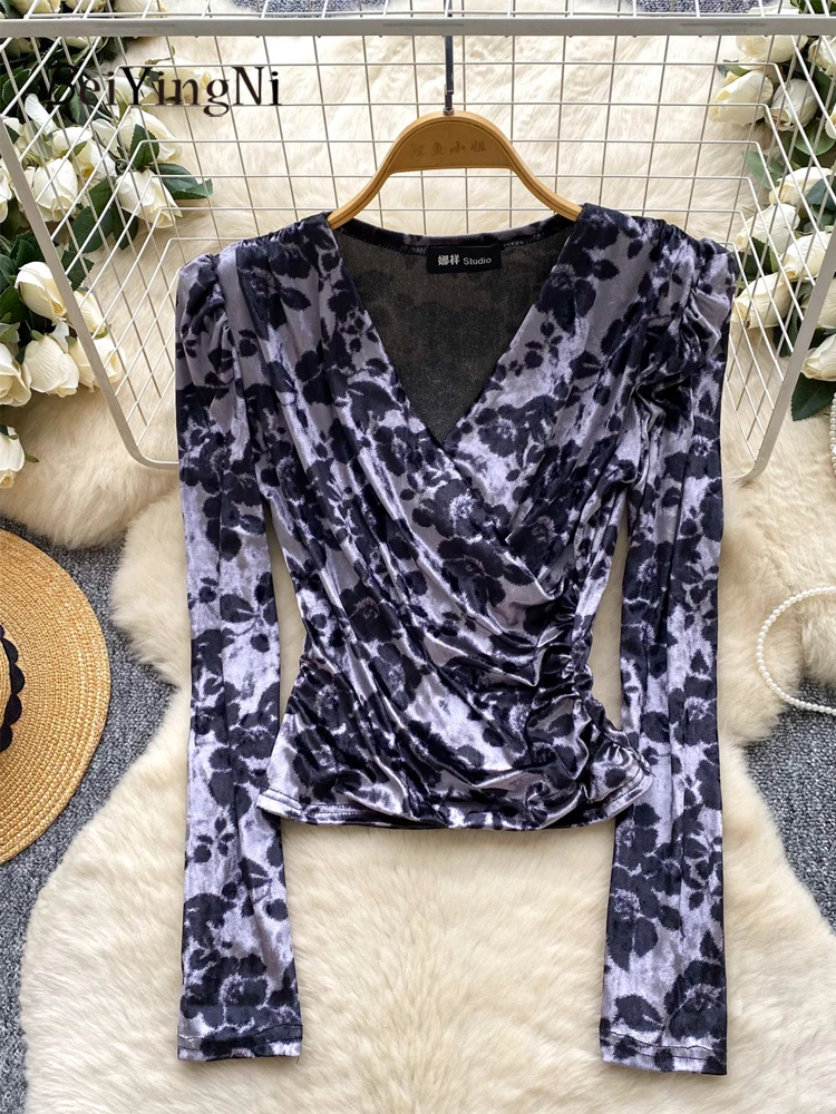 

Beiyingni женские топы с пышными рукавами с цветочным принтом Kpop винтажные повседневные блузки с v-образным вырезом женские элегантные тонкие модные флисовые рубашки