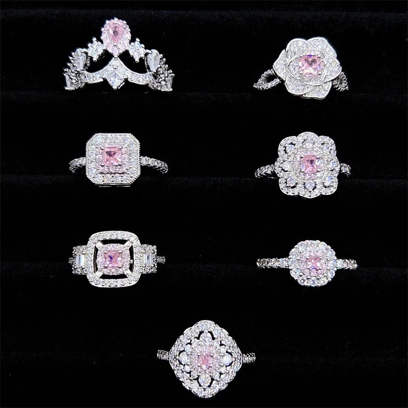 

silver 925 Pink gemstone Series Ring Small Fresh Sweet Cute Crown Flower rings for women adjustable light luxury Wedding Jewelry