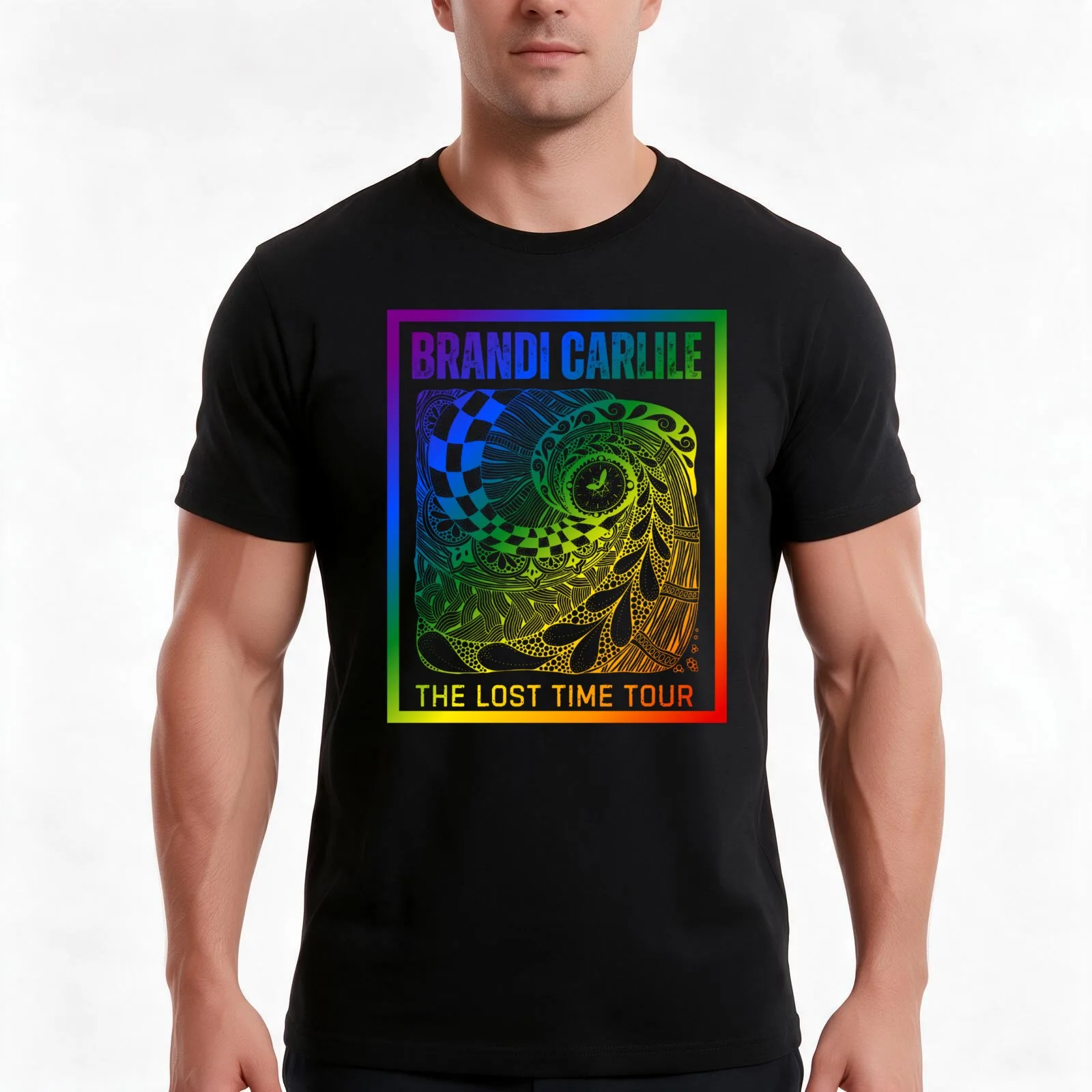Brandi Carlile, Classic pride flag graphic, rainbow abstract clock graphic and text, LGBTQ+, positive vibes, Music festi T-Shirt