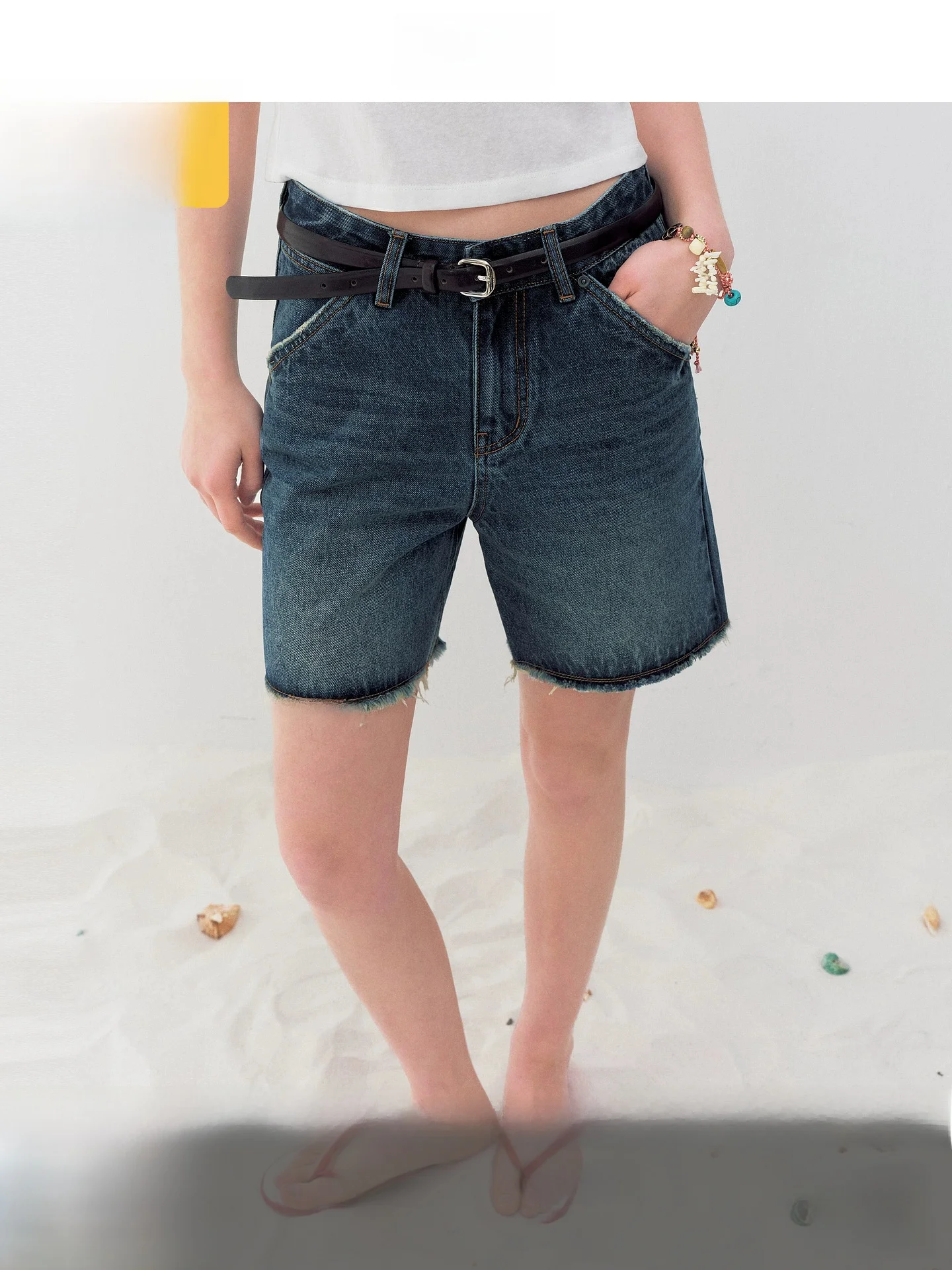 

Fano American Loose Vintage Blue Jeans Women's mid Waist Short Pants Classic Frayed Cotton Straight Leg Summer New Arrival