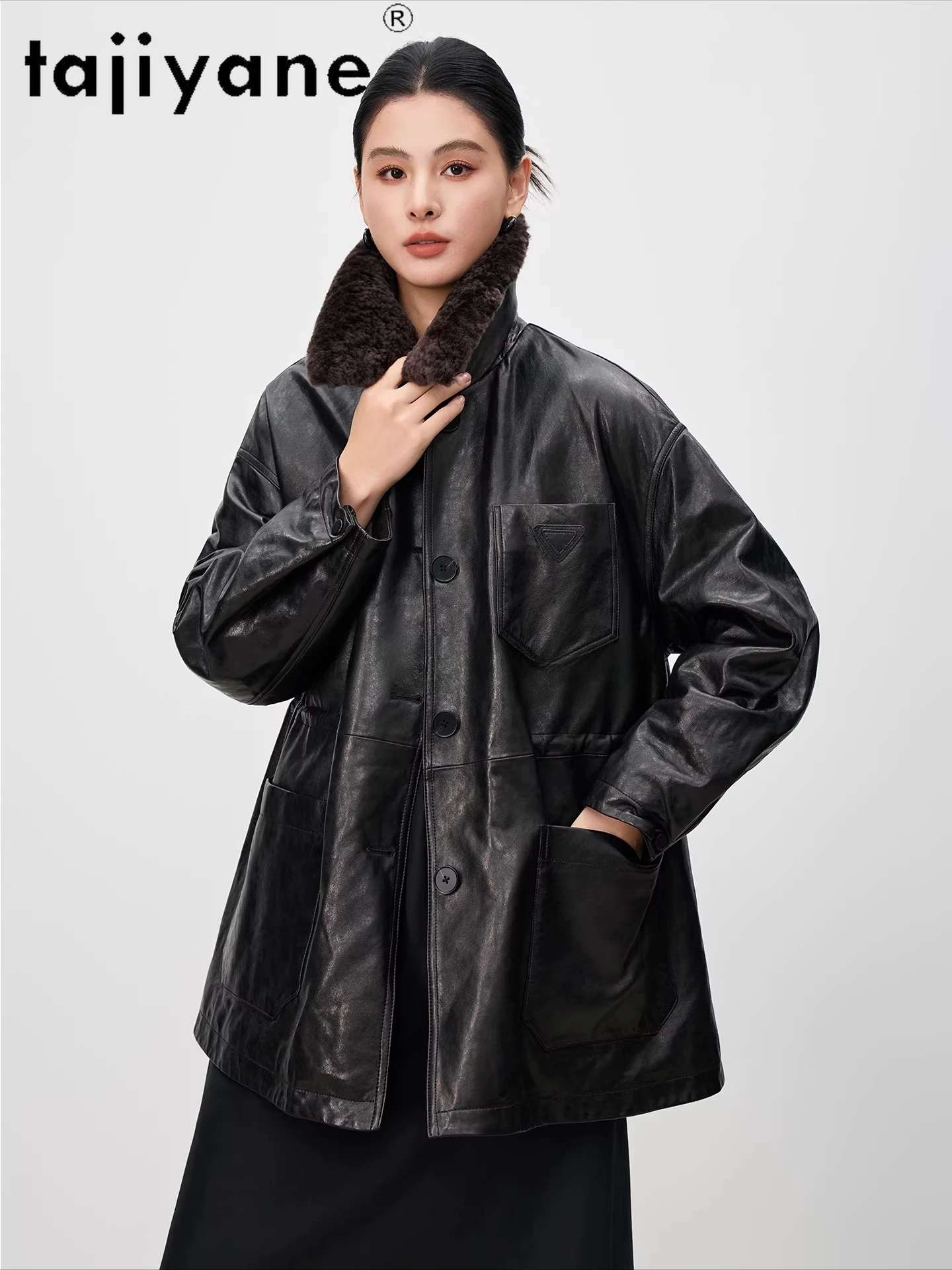 เสื้อโค้ทขนเป็ดแท้ TAJIYANE 100% หนังแกะชั้นดี ทรงยาวปานกลาง สำหรับฤดูหนาว พร้อมปกขนสัตว์ รุ่นปี 2025