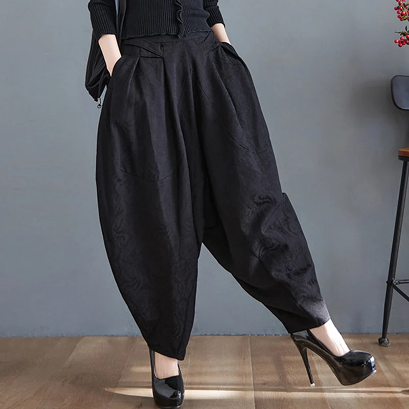 Netzfarbene bestickte Faltenhose, lockere Passform, Freizeithose, große Größe, faion Laternenhose für Damen, Baggy-Leggings