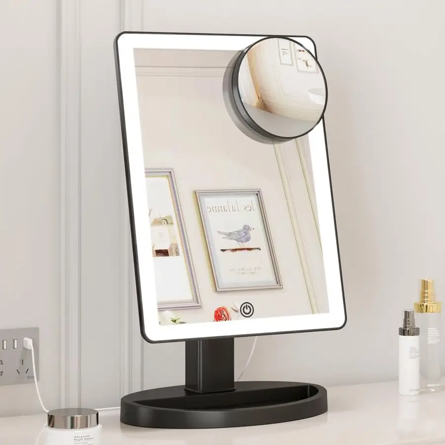 Grand miroir de maquillage éclairé avec lumières, 3 modes d'éclairage de couleur, miroir lumineux avec 88 LED, grossissement 10X et rotation à 360 degrés