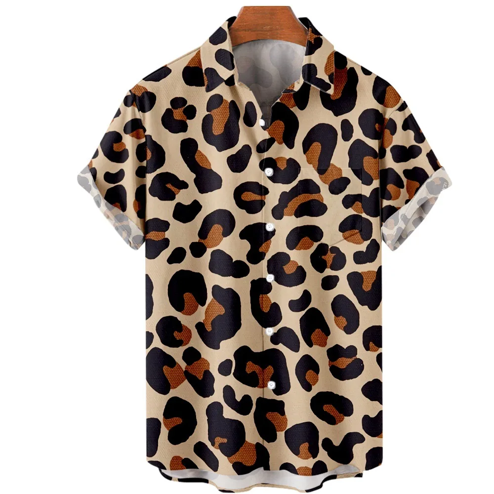 

2024 3D Summer Beachwear Button Shirts Men's Casual Leopard Print Tops Fashion Short Sleeve Lapel Hawaiian Shirt