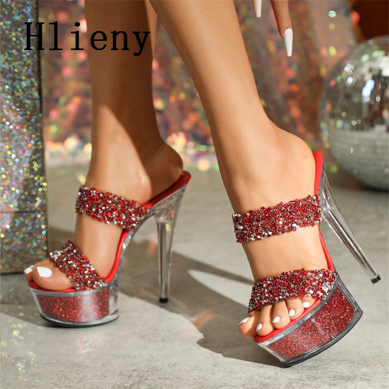 Hlieny Fashion Platform Bling Sequin Wedding Stripper Woman Slippers Sexy Fetish Crystal Thin High Heels Summer Nightclub Shoes