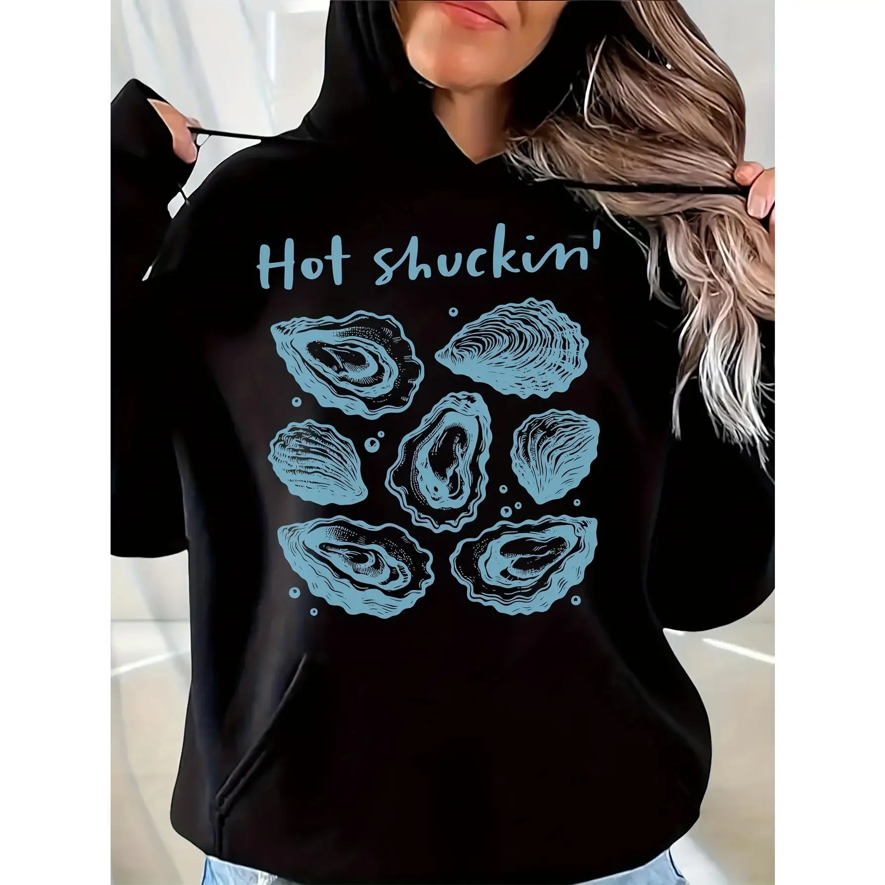 

Women's "Hot Shuckin'" Oyster Hoodie Fall Funny Seafood Print Pullover Foodie Loose Long Sleeve Casual Sweatshirt Top