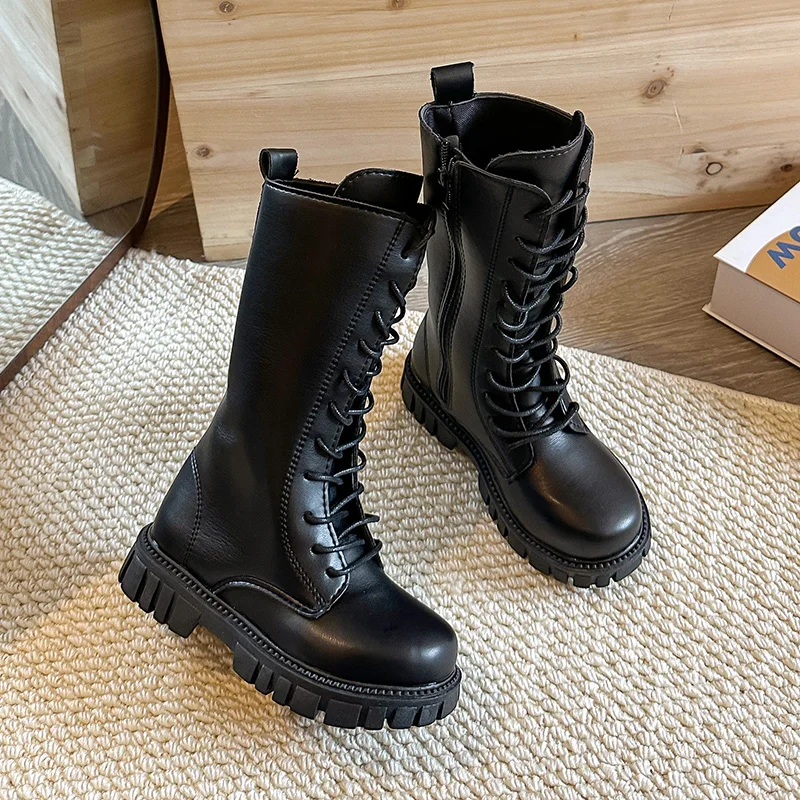 الأطفال الأحذية الجلدية 2025 الخريف الشتاء الفتيات أحذية طويلة سميكة القاع الكلاسيكية الأسود البيج السببية الاطفال موضة منتصف العجل الأحذية