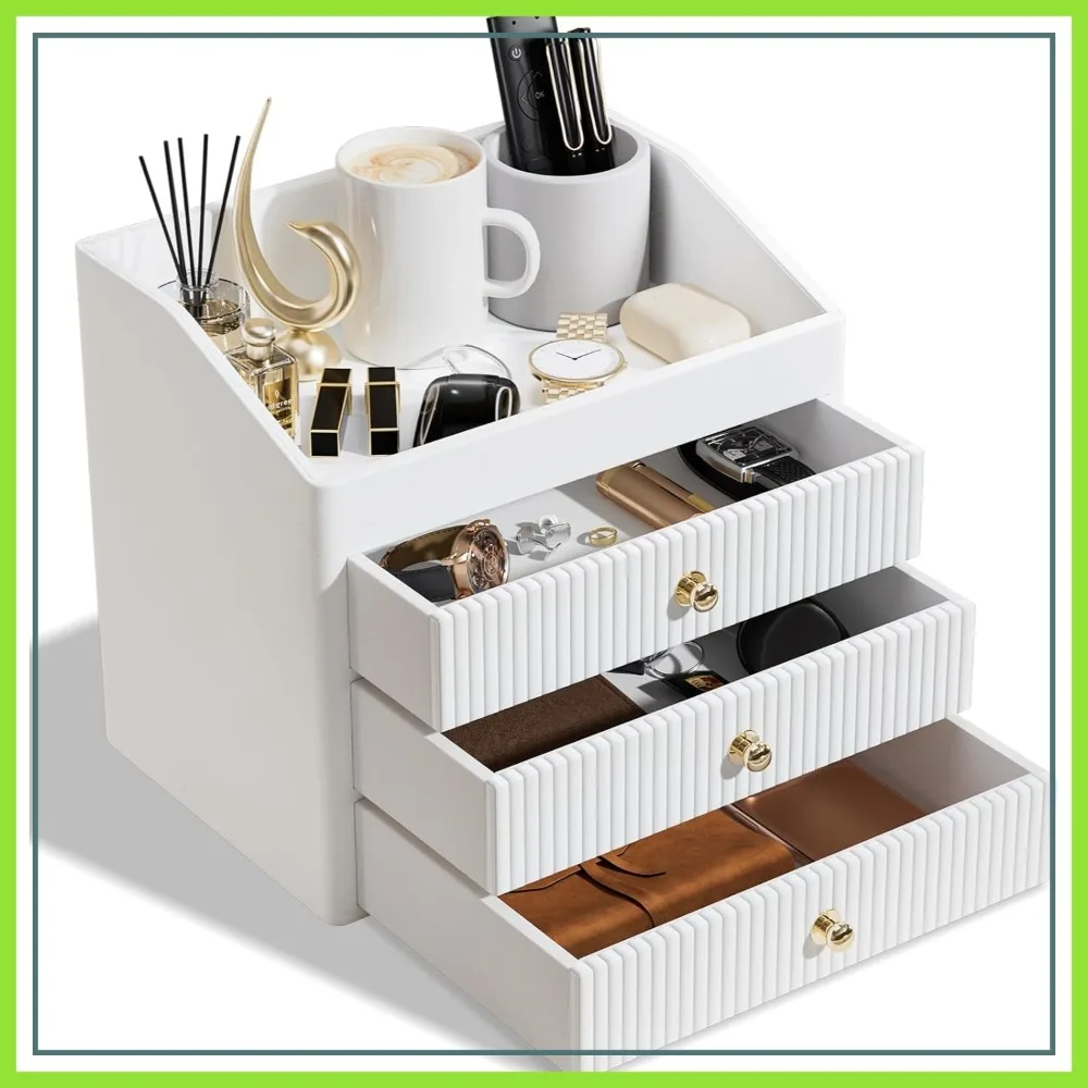 

Vegan Leather Office Organizer with 3 Drawers & Tray, Beige White Desk Accessories, Gold-Tone Knobs for Bedroom