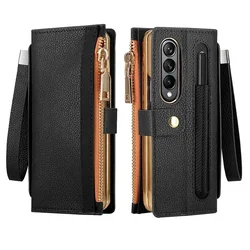 Wallet Leather Case For Samsung Galaxy Z Fold 5 4 3 2 6 ZFold5 ZFold4 With Pen Holder Card Slot Lanyard Zipper Wallets Flip Bag