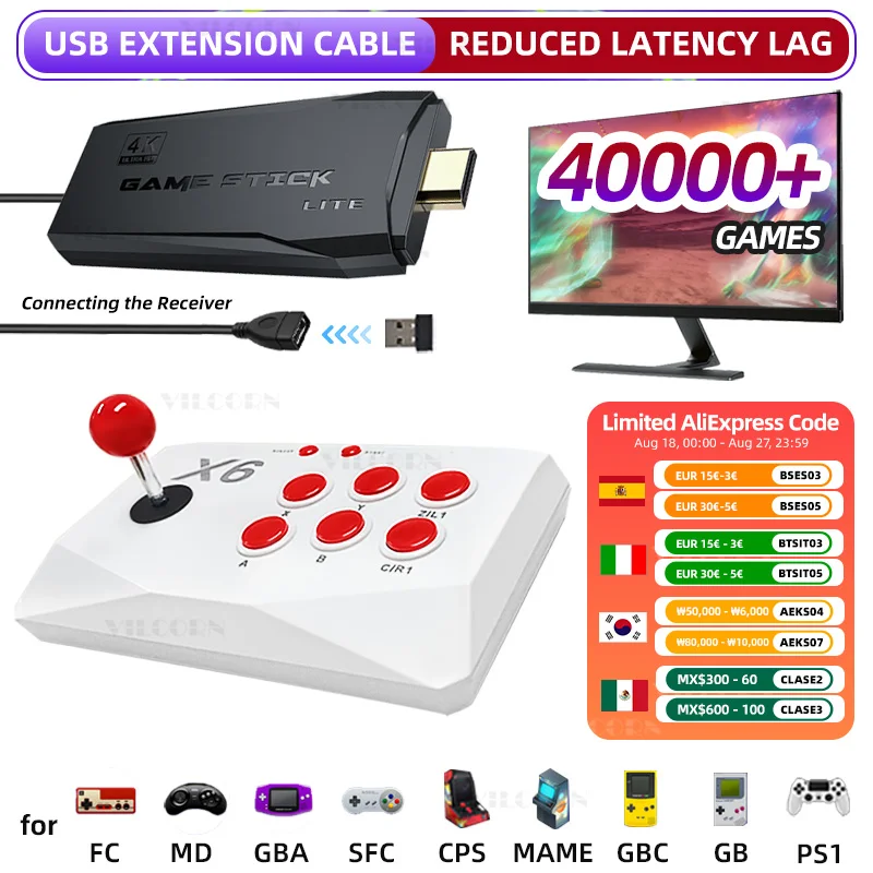 VILCORN M8 Game Stick 4K Arcade Console per videogiochi per MAME PS1 9 Emulatore con doppia arcade Joysitck 41000 giochi Retro Machine