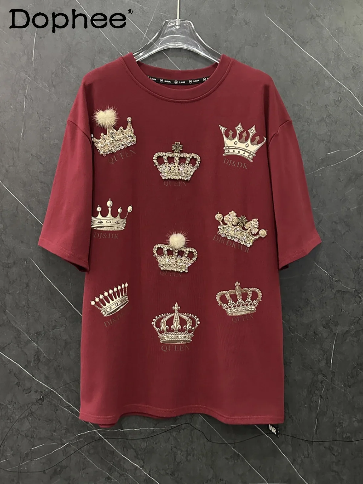 

Heavy Industry Autumn and Winter Thickened Diamond-encrusted Crown Short-sleeved T-shirt Women's Loose Fashion Half-sleeved Top