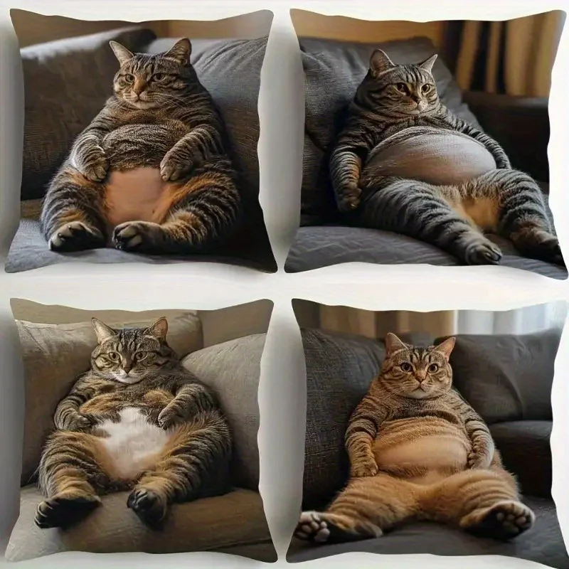 4pcs Cute belly cat pattern digital printing pillow cover Short plush Suitable living rooms bedrooms sofas throw cushion cover