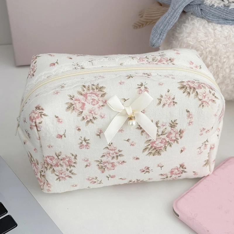 

Хлопковая кружевная косметичка с цветочным принтом и бабочкой, портативная сумка для хранения помады на молнии для женщин, дорожная косметичка