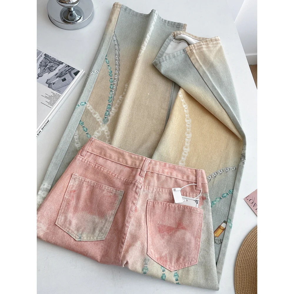 Sweet Printing Denim Pants for Women High Waist Casual Wide Leg Straight Trousers 2025 Autumn Chic Design Versatile Jean Pants