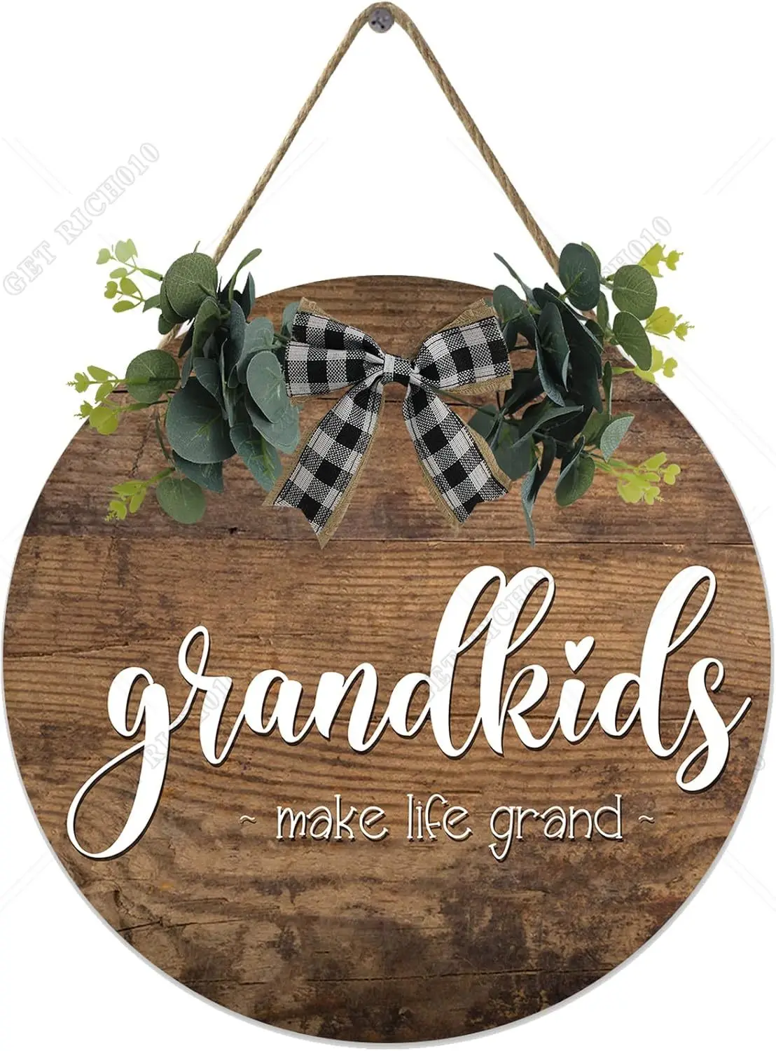 Grandkids Door Wreath with Greenery Bow Grandkids Make Life Grand Porch Hanger Grandkids Sign for Home Decor Farmhouse