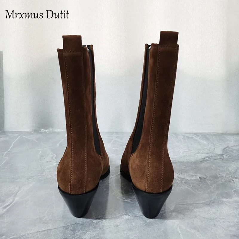 Mrxmus Dutit 2024 Autumn Winter Fashion New Women Genuine Leather Boots Rough Heel Pointed Head Simple Casual Vintage Female