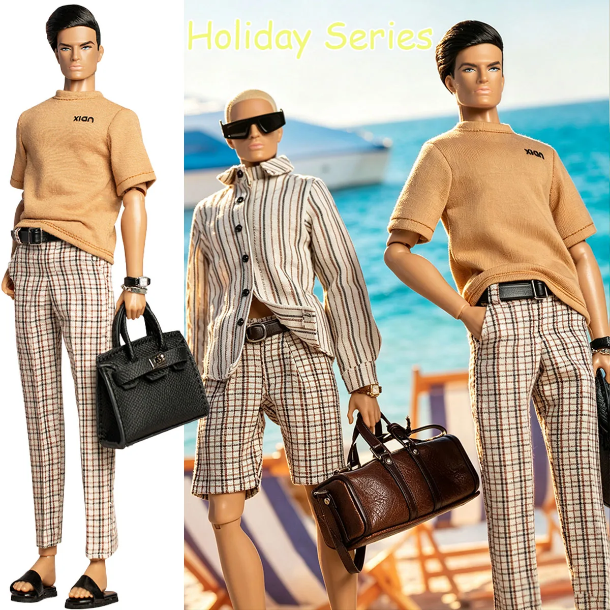 1/6 Luxury Holiday Series Muscle Male Supermodel Doll NormalSkin 12Joint Gold Short Hair 33cm Male Figure Clothe Accessories Set