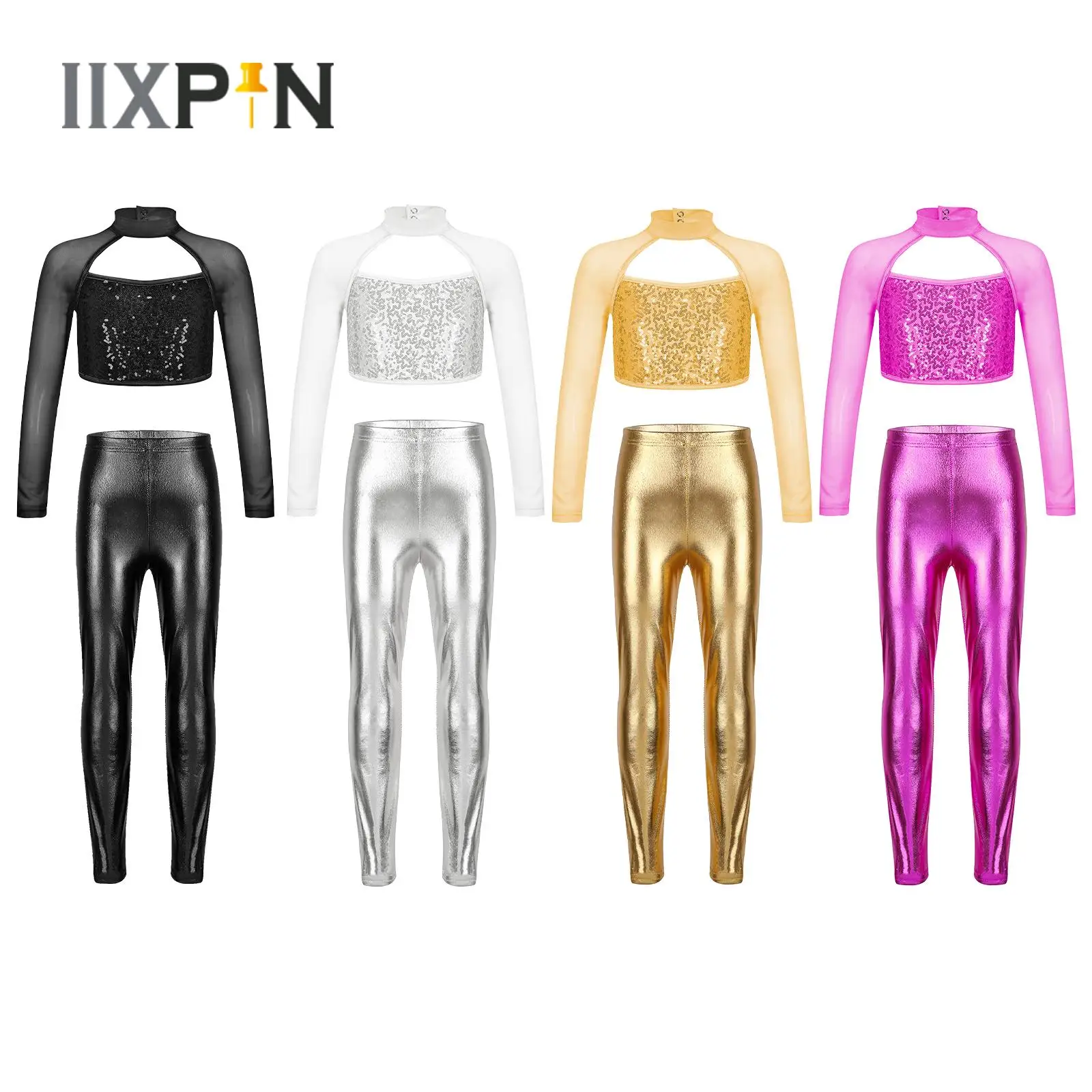 

Kids Girls Jazz Hip Hop Dance Costume Shiny Sequin Long Sleeve Hollow Out Crop Top+Metallic Leggings Pants for Dance Competition