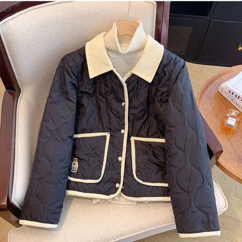 Korean Style Stitched Bear Lingge Coat Women\'s Winter 2024 New Cotton-padded Coat Stitching Lapel Cotton-padded Coat