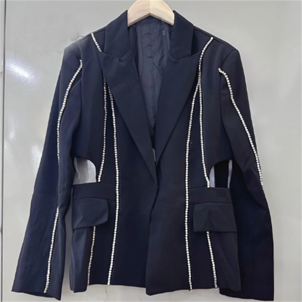 Drill strip hollowed-out waist suit jacket black blazer feminino alfaiataria