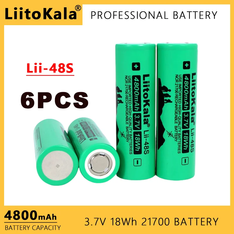 

6PCS LiitoKala Lii-48S 3.7V 4800mAh 21700 Li-lon Rechargeable Battery 9.6A Power 2C Rate Discharge Ternary Lithium Batteries