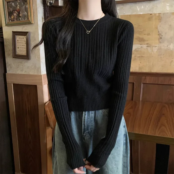 Chic Slim Fit Round Neck Knitted Top Women's Autumn/winter High-end Feel Sweater Inner Long Sleeve Base Layer Top