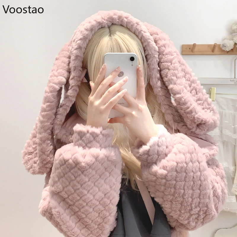 Vintage Bear Bunny Ears Hooded Coats Women Sweet Y2k Cute Plush Ball Warm Cardigan Short Jackets Female Korean Chic Outwear Tops