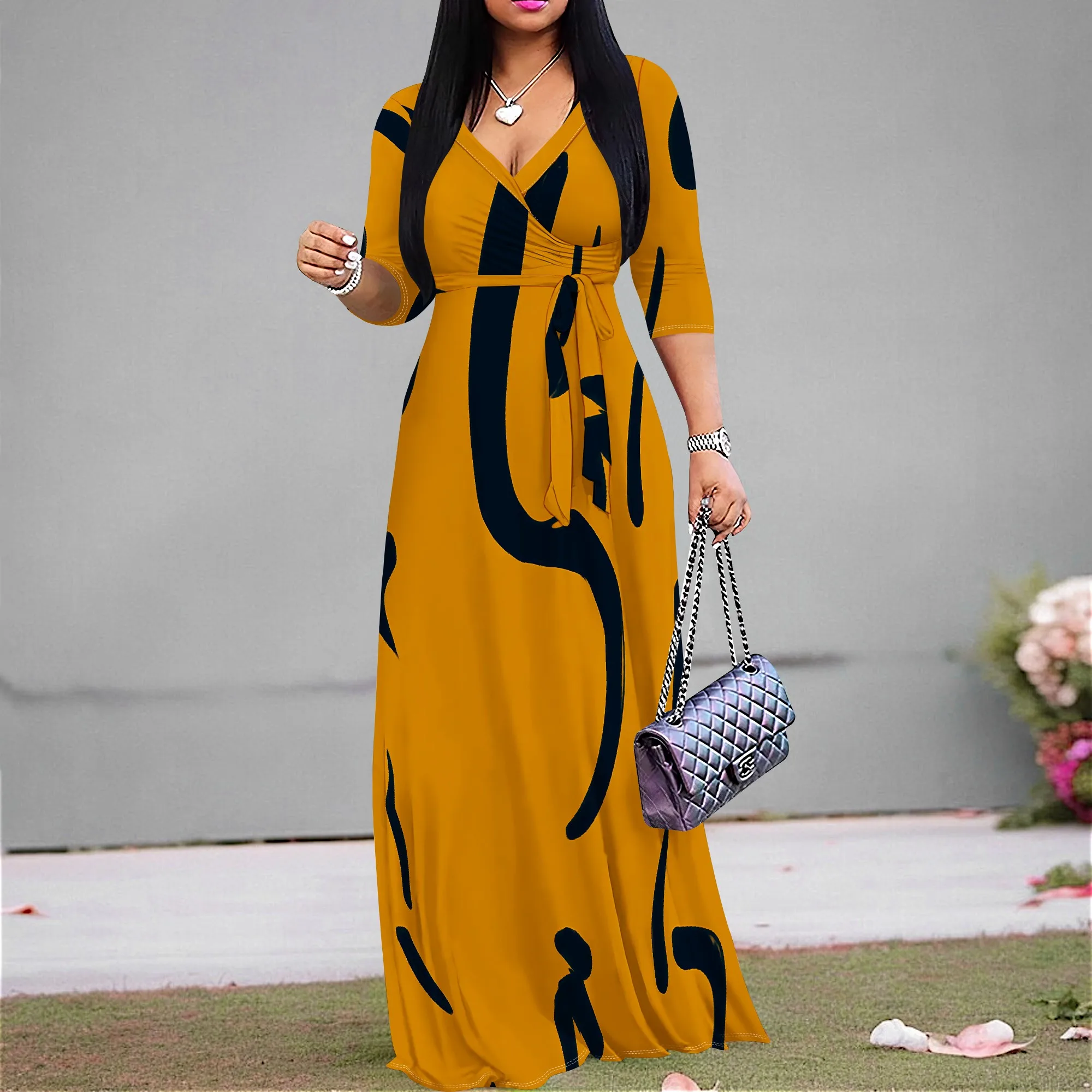 

Abstract Print V-Neck Maxi Dress Women Elegant Three Quarter Sleeve High Waist Belted Party Holiday Dress 2025