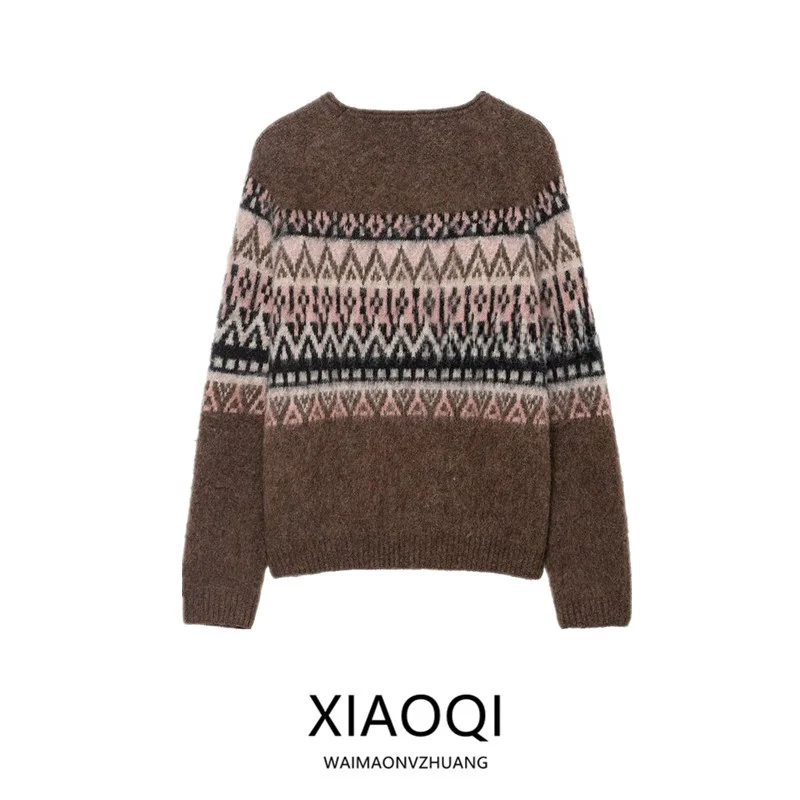 

Зима 2021. Женский вязаный свитер Long Sve круглый Ne Color Fade Effect Вышивка Европейский Sle Геометрический узор