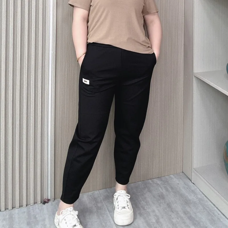 Nieuwe Casual Broek Dames Zomer 2024 Plus Size Elastische Hoge Taille Label Losse Enkellange Harembroek